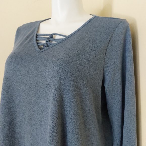 Studio 1886 Plus Size Heathered Blue Extra Soft Criss Cross Neckline Sweater Top - Picture 2 of 7